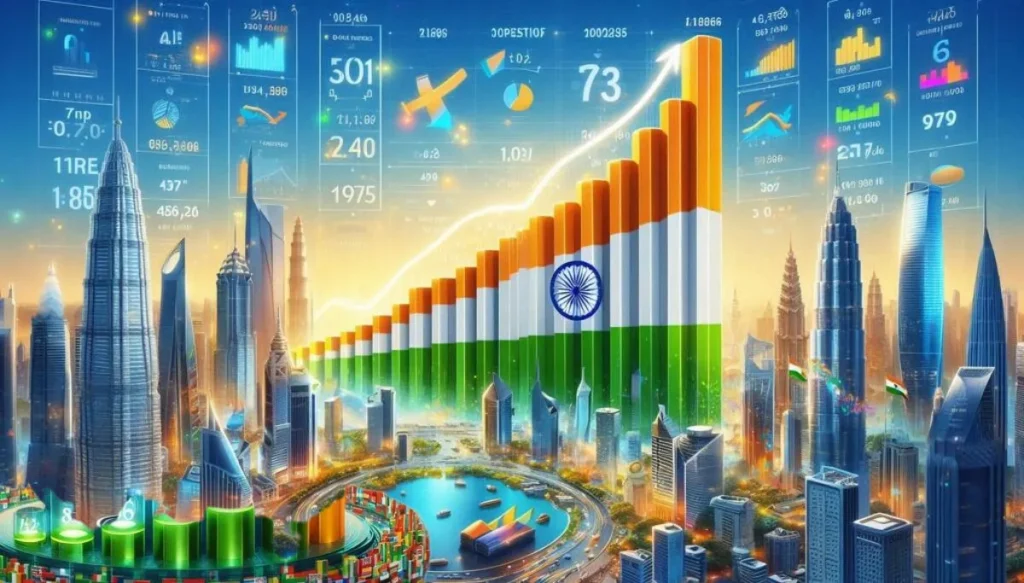 2025 में भारत की वैश्विकIndex and Ranking के ग्राफ के साथ आधुनिक भारतीय शहर का दृश्य