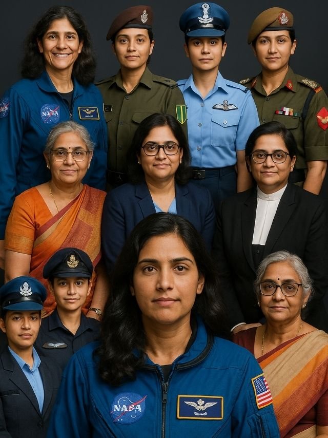 Portraits of diverse Indian women in various influential roles, including astronauts, military officers, scientists, and professionals, representing "Trending Women 2025: जानिए चर्चित महिलाओं की सूची!" highlighting their achievements and contributions.