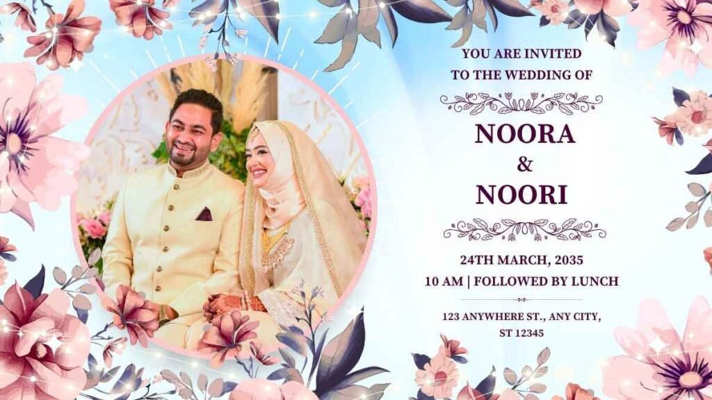 Elegant Islamic wedding invitation card with romantic Urdu shayari in decorative calligraphy, featuring floral motifs and gold embellishments.