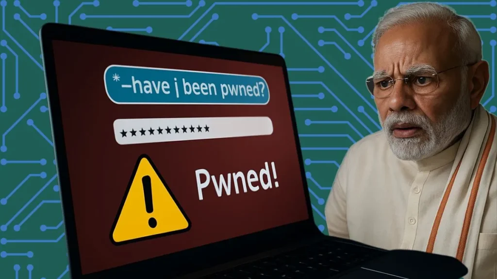 नरेंद्र मोदी एक लैपटॉप पर चिंतित दिख रहे हैं, जहाँ 'have I been pwned?' और 'Pwnd!' का अलर्ट दिख रहा है, जो Passwords Leak का संकेत है।