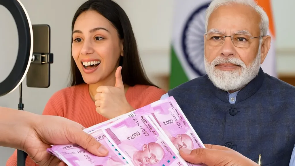युवा महिला रील बनाते हुए उत्साहित, पीएम मोदी और 'मोदी सरकार का रील कॉन्टेस्ट' में जीत का संकेत देते 2000 के नोट