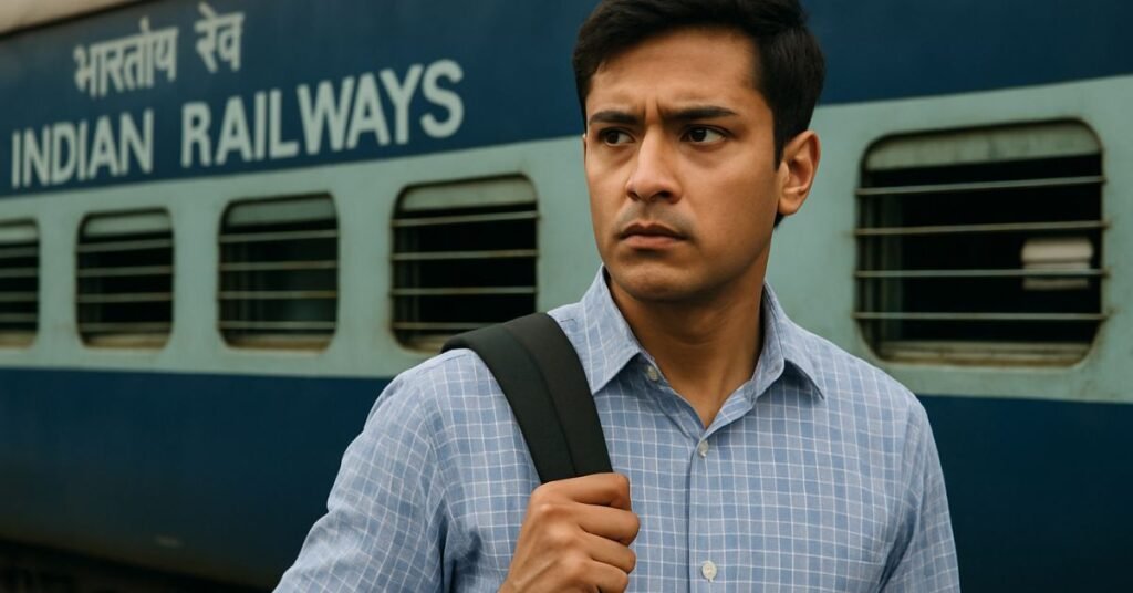 युवक रेलवे स्टेशन पर भारतीय रेल के डिब्बे के सामने खड़ा, बैग के साथ RRB Technician भर्ती 2025 की तैयारी में