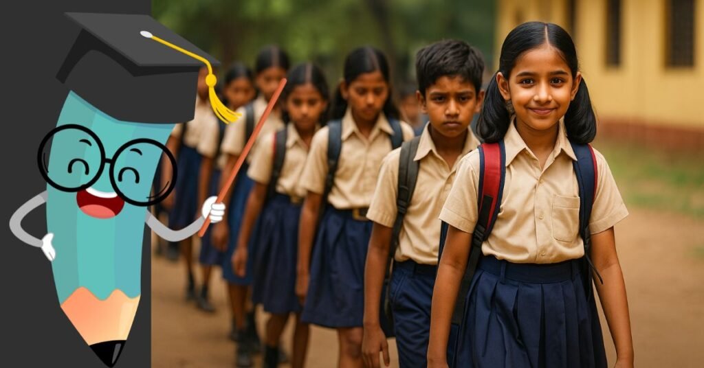 स्कूल यूनिफॉर्म में लाइन से चलते हुए भारतीय बच्चे, यूपी सरकार की आउट ऑफ स्कूल बच्चों के लिए योजना के तहत