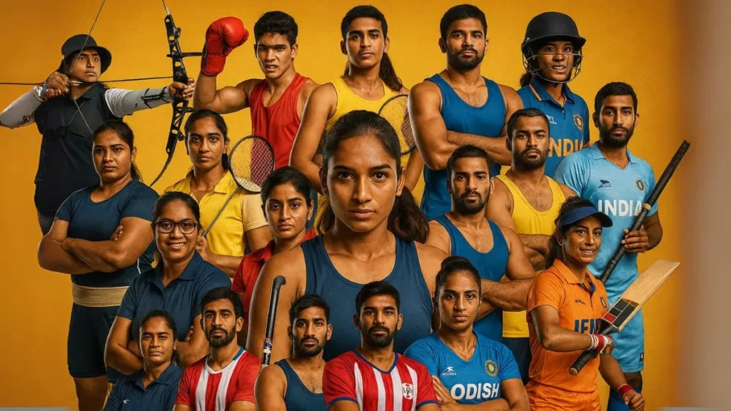 Group of diverse Indian athletes representing multiple sports from the Indian Statewise Players List