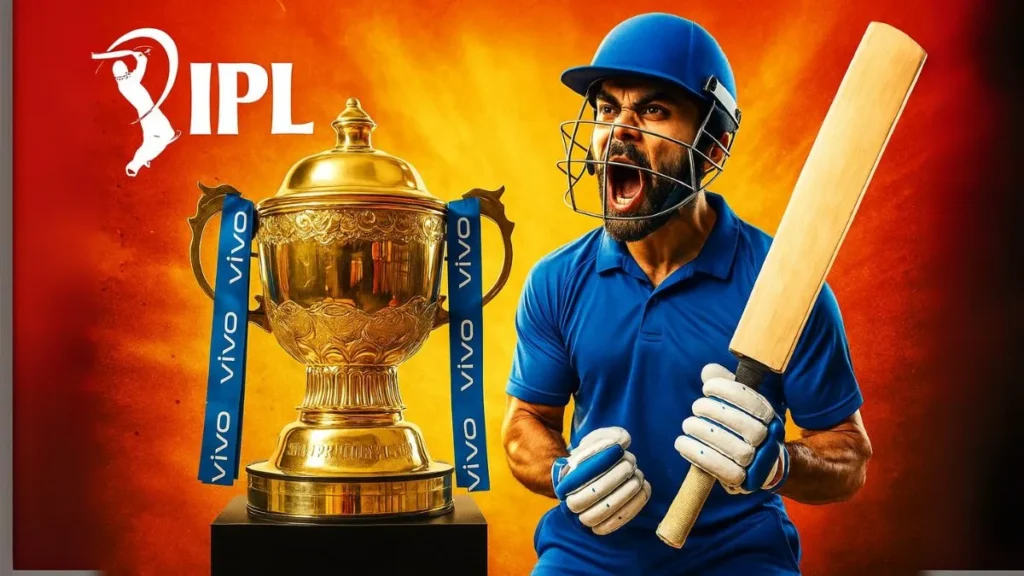 IPL Current Affairs Record and History - Trophy with Cricketer and Bat
